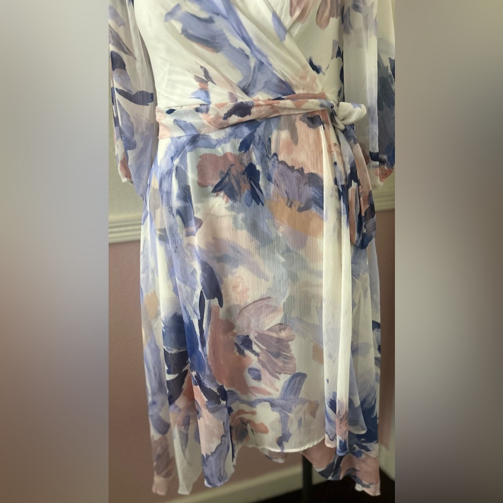 DKNY Blue and Pink Wrap Sundress with Bishop Sleeves - Picture 5 of 12